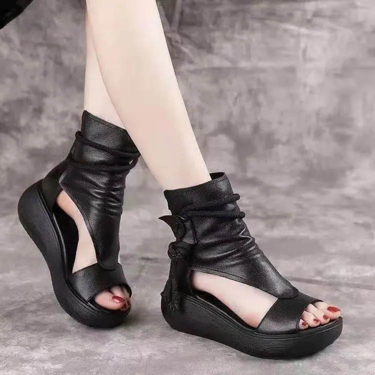 Women's Platform Outdoor Sandal Boots Wedge Bottom Fashion High Top Sandals Open Toe Boot Sandals for Women (Black,10)