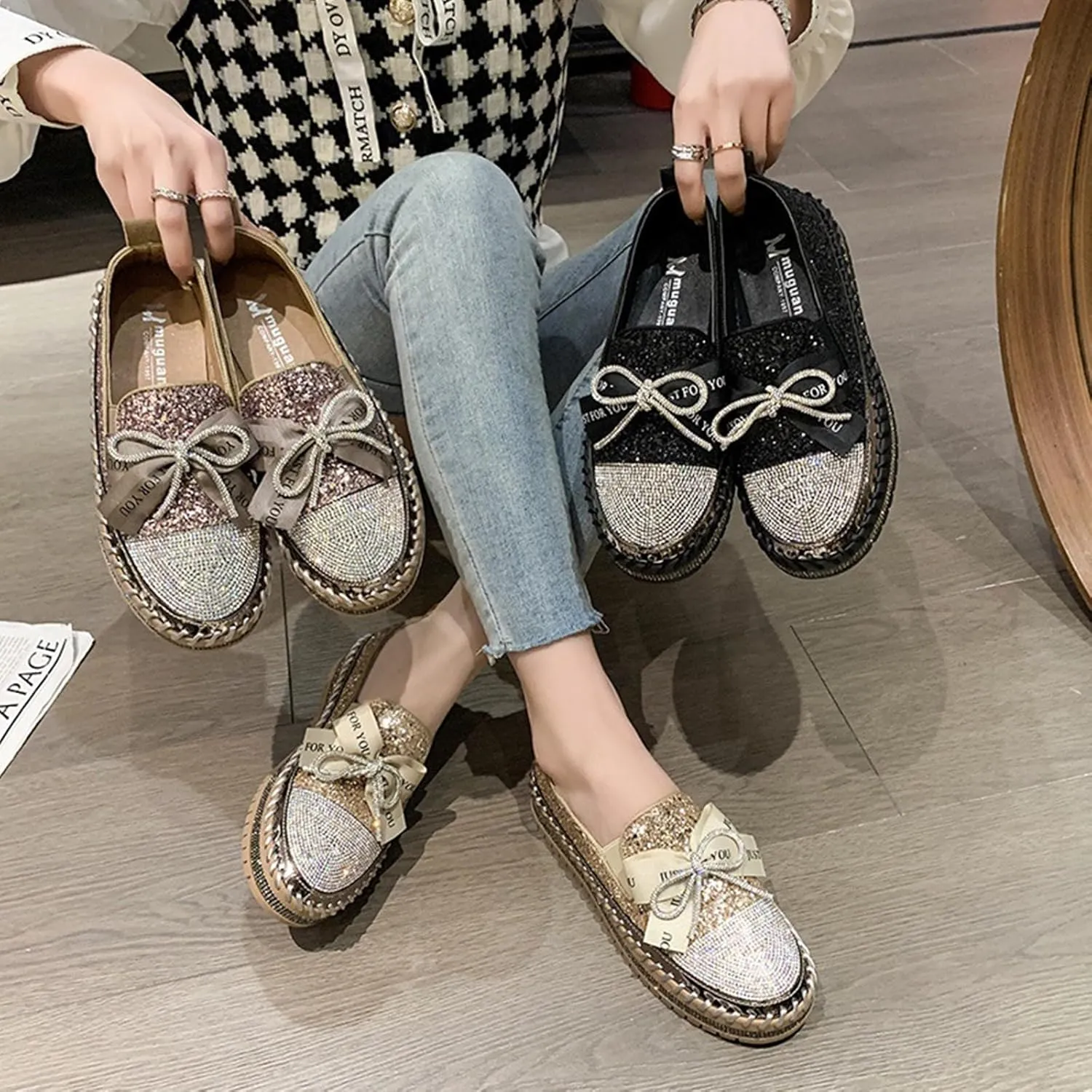 Women's Rhinestones Glitter Platform Slip On Sneakers Casual Cute Bowknot Shiny Walking Shoes Non-Slip Comfortable Dress Flat Loafers