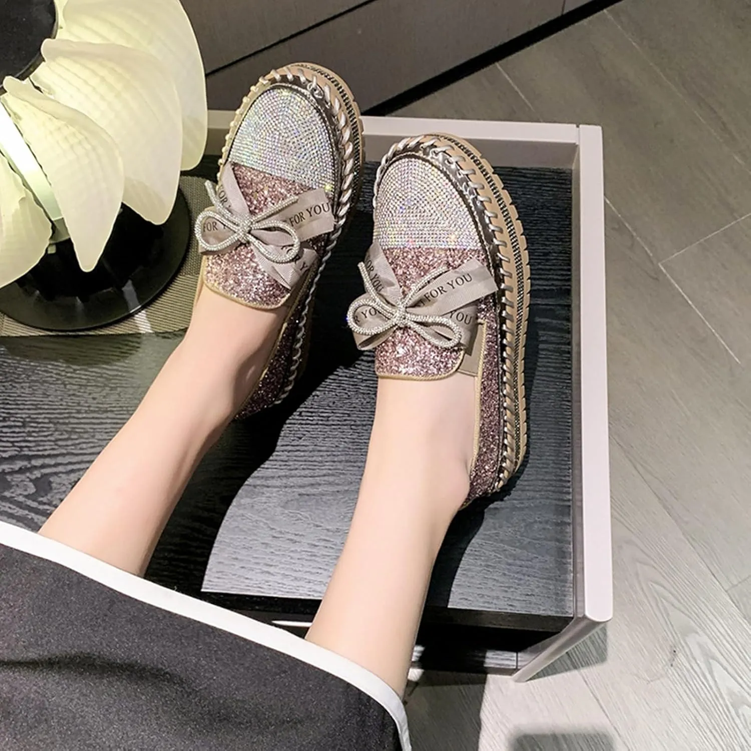 Women's Rhinestones Glitter Platform Slip On Sneakers Casual Cute Bowknot Shiny Walking Shoes Non-Slip Comfortable Dress Flat Loafers