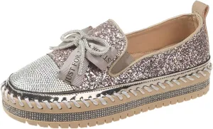 Women's Rhinestones Glitter Platform Slip On Sneakers Casual Cute Bowknot Shiny Walking Shoes Non-Slip Comfortable Dress Flat Loafers