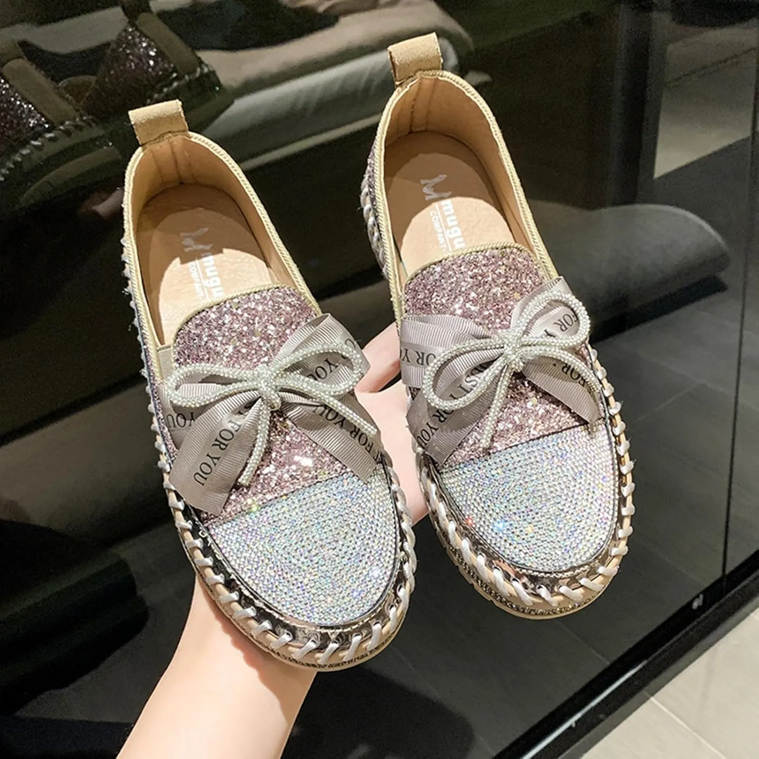 Women's Rhinestones Glitter Platform Slip On Sneakers Casual Cute Bowknot Shiny Walking Shoes Non-Slip Comfortable Dress Flat Loafers