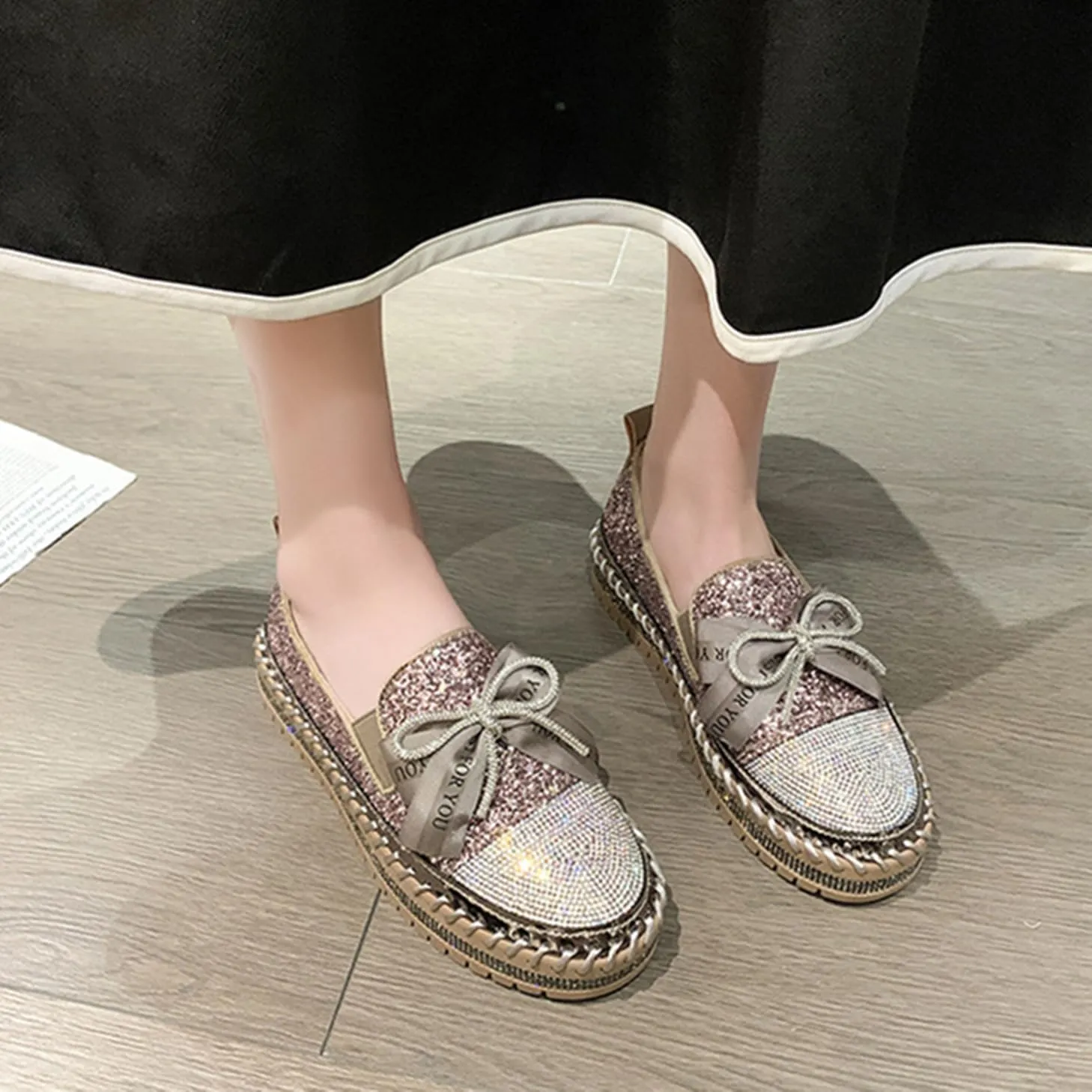 Women's Rhinestones Glitter Platform Slip On Sneakers Casual Cute Bowknot Shiny Walking Shoes Non-Slip Comfortable Dress Flat Loafers