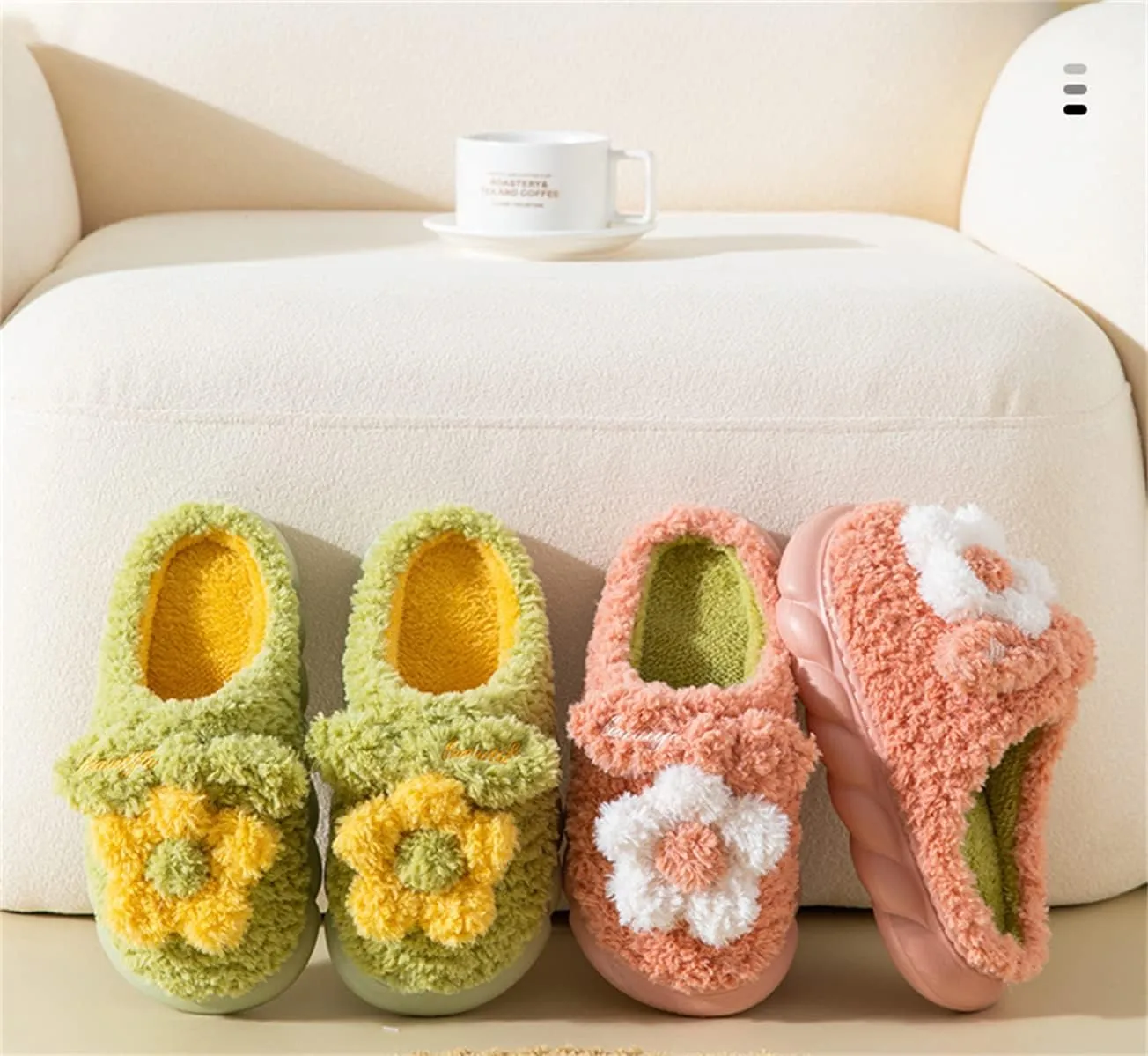 Women's Slippers Adult Warm Plush Flowers Indoor Non-slip Home Thick Bottom Winter Men's Cotton