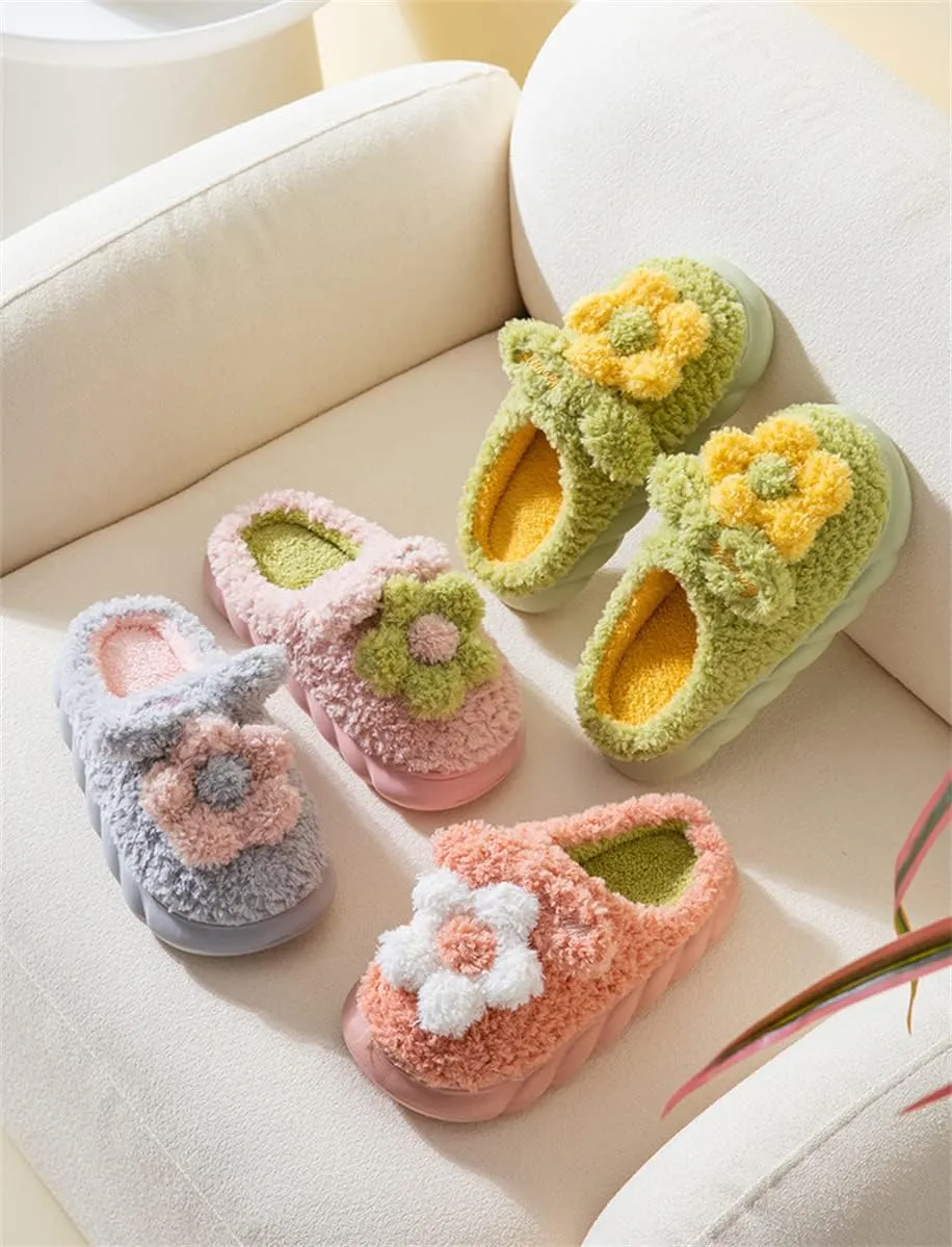 Women's Slippers Adult Warm Plush Flowers Indoor Non-slip Home Thick Bottom Winter Men's Cotton