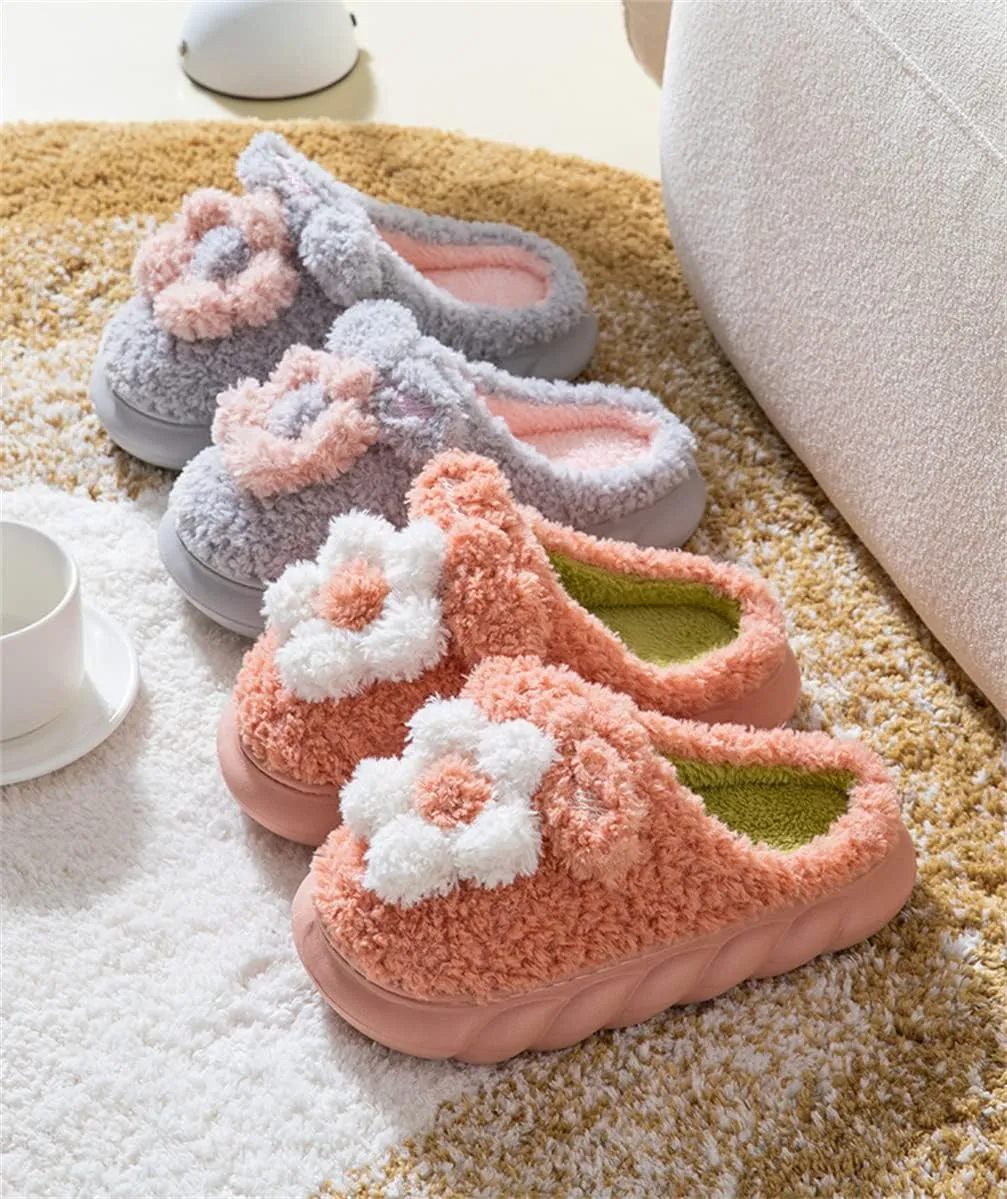 Women's Slippers Adult Warm Plush Flowers Indoor Non-slip Home Thick Bottom Winter Men's Cotton