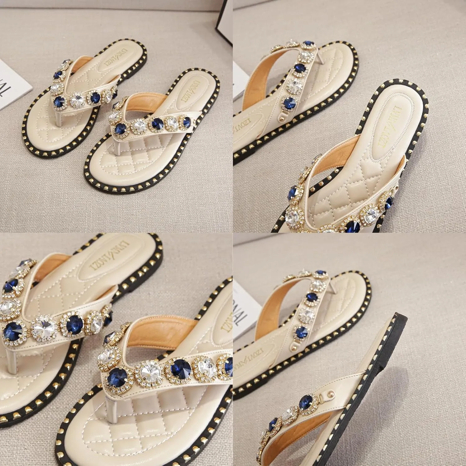 Women's Sparkle Rhinestones Flat Flip-Flops Fashion Comfort Memory Slip-on Flat Slides Sandals T-Strap Thong Beach Slippers