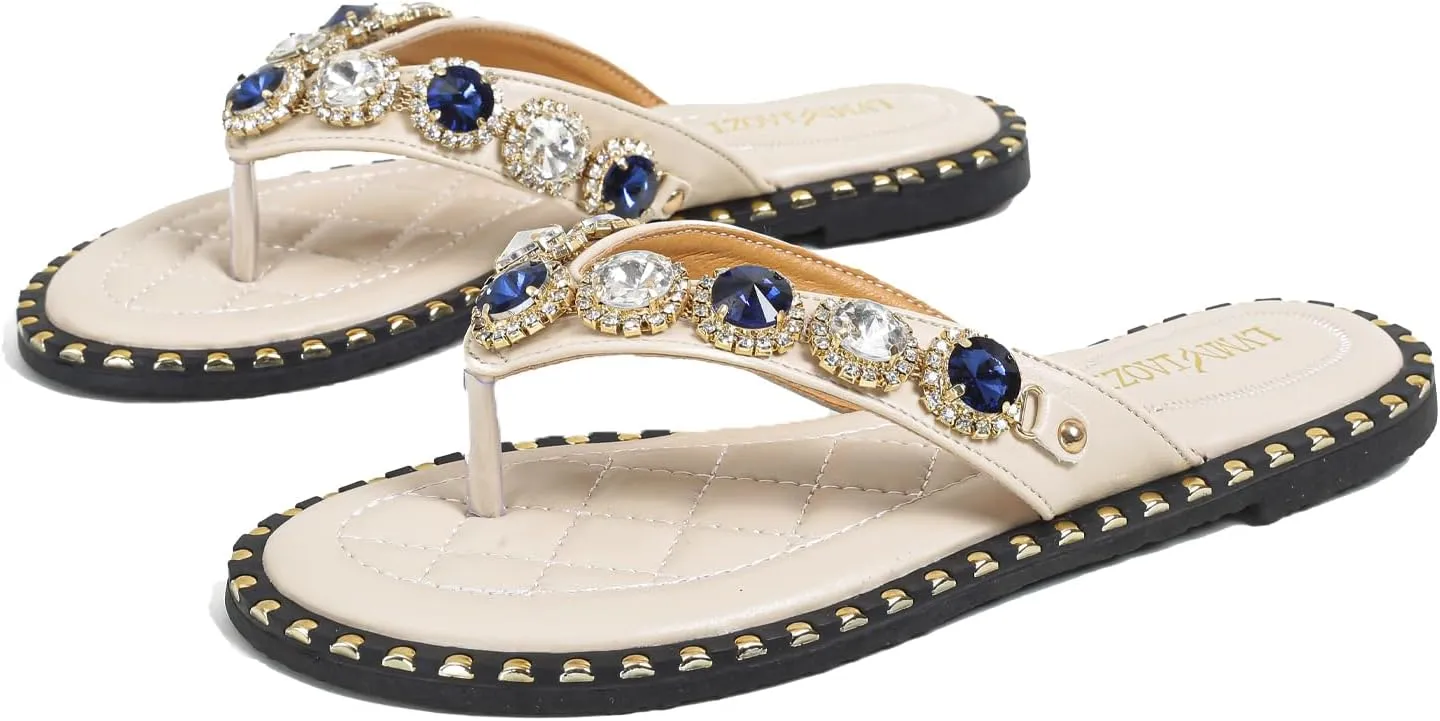 Women's Sparkle Rhinestones Flat Flip-Flops Fashion Comfort Memory Slip-on Flat Slides Sandals T-Strap Thong Beach Slippers