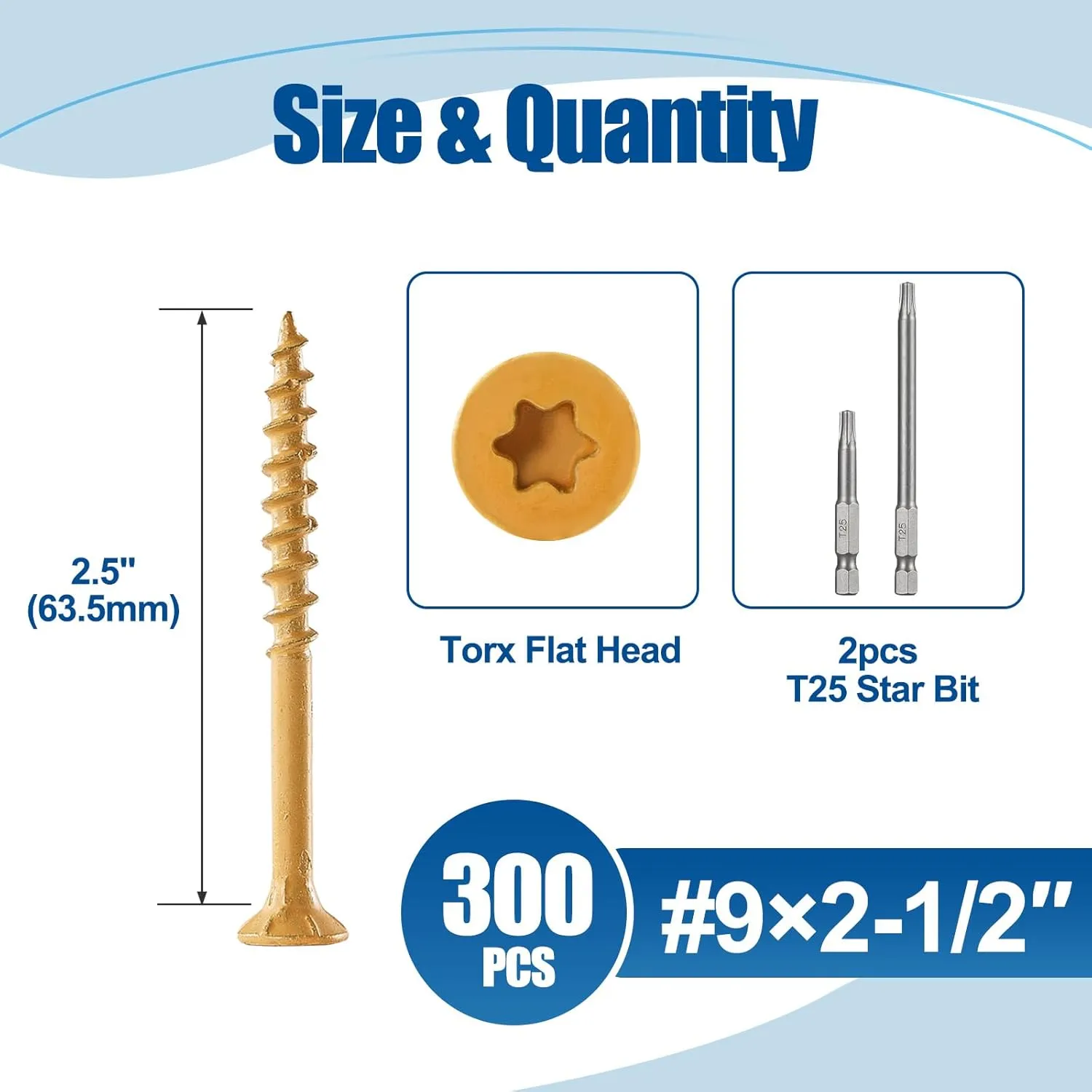 Wood Screws #9×2-1/2″, 300 Pcs, Deck Screws, Rust Resistant, Exterior Epoxy Coated, Outdoor Decking Screws, Torx/Star Drive Head Deck Screw, 2 Pcs T25 Star Bit Included, Tan