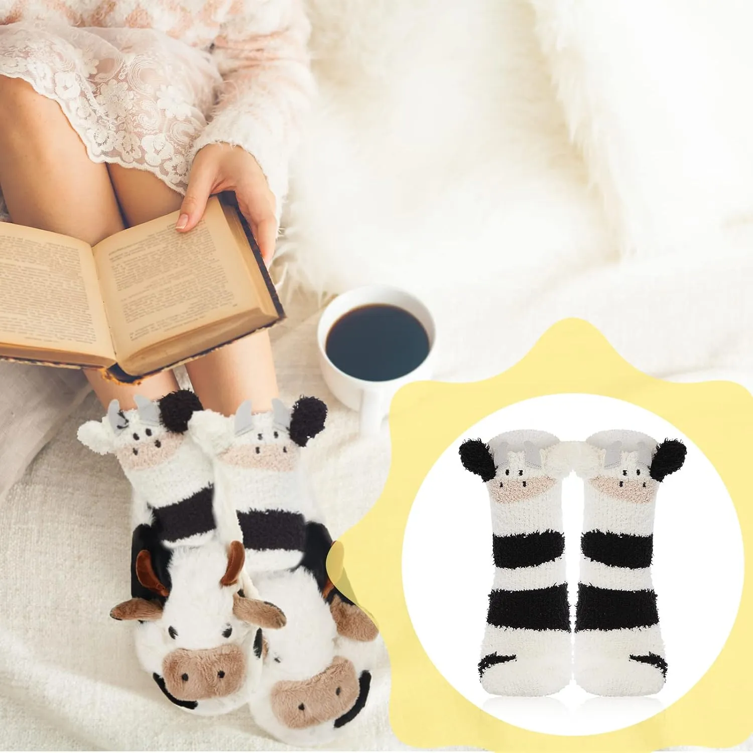 Zhanmai Fuzzy Cow Slippers Sock Gift Women Cartoon Animals Fluffy Plush Non Skid Winter Print House Shoes