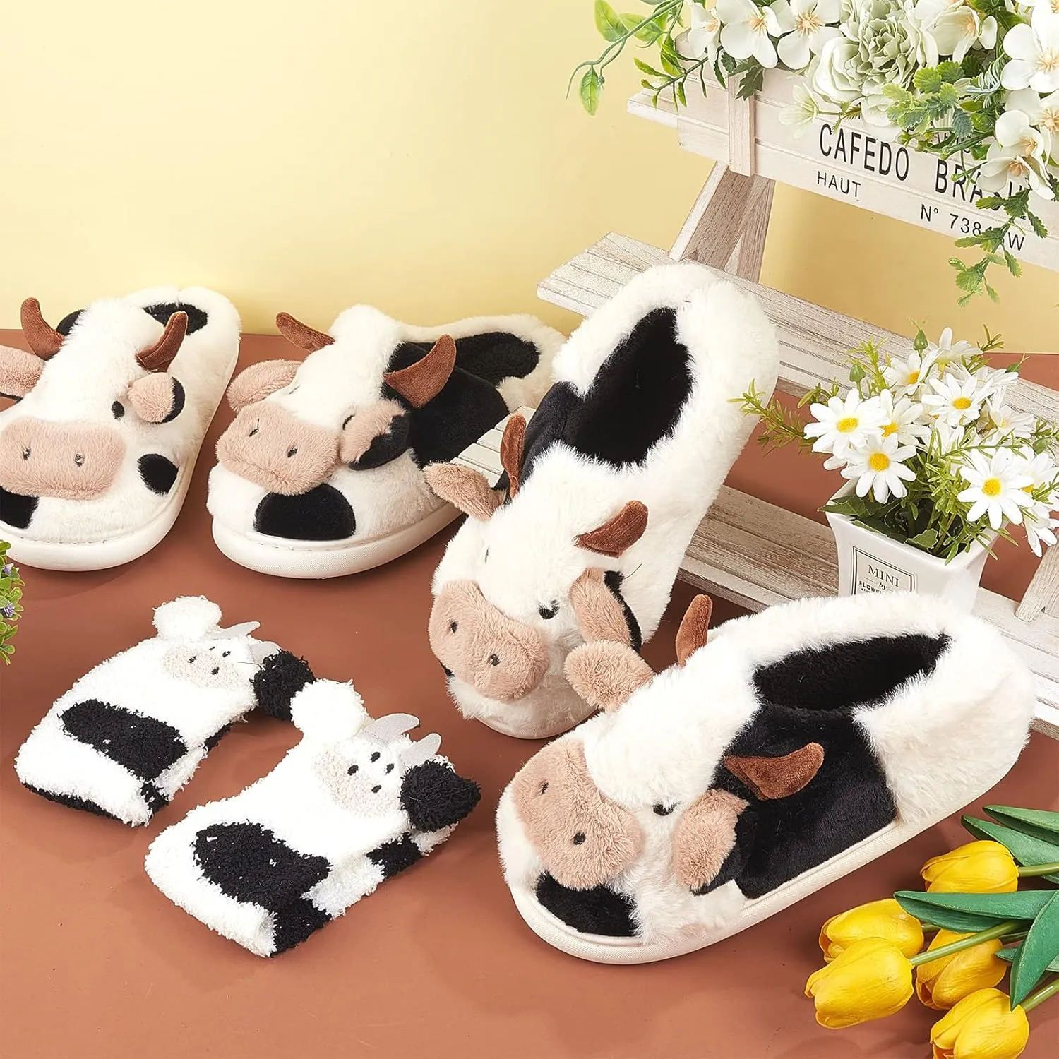 Zhanmai Fuzzy Cow Slippers Sock Gift Women Cartoon Animals Fluffy Plush Non Skid Winter Print House Shoes