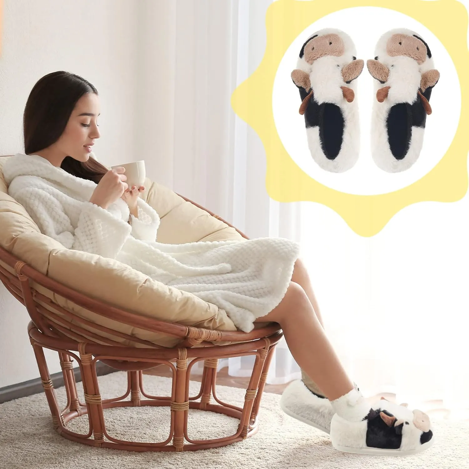 Zhanmai Fuzzy Cow Slippers Sock Gift Women Cartoon Animals Fluffy Plush Non Skid Winter Print House Shoes