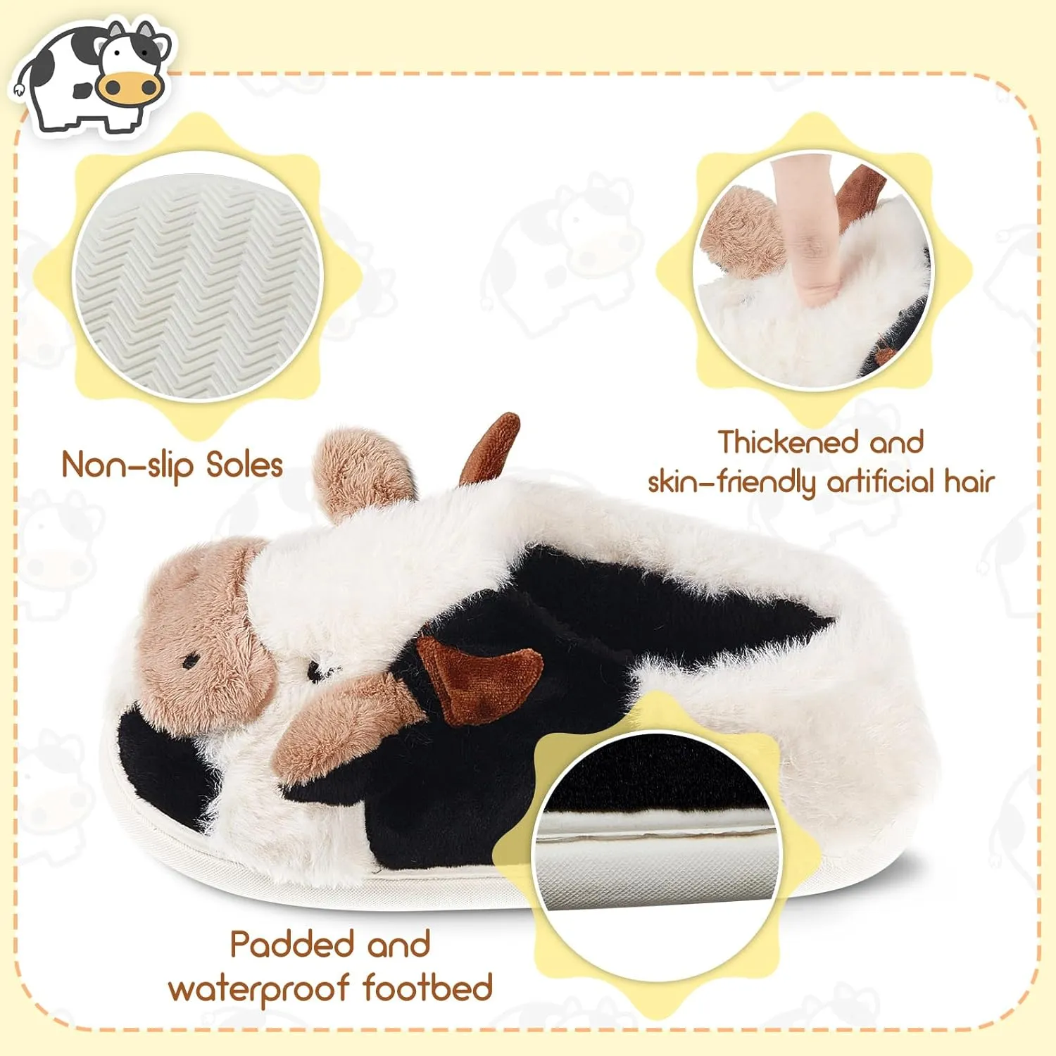 Zhanmai Fuzzy Cow Slippers Sock Gift Women Cartoon Animals Fluffy Plush Non Skid Winter Print House Shoes