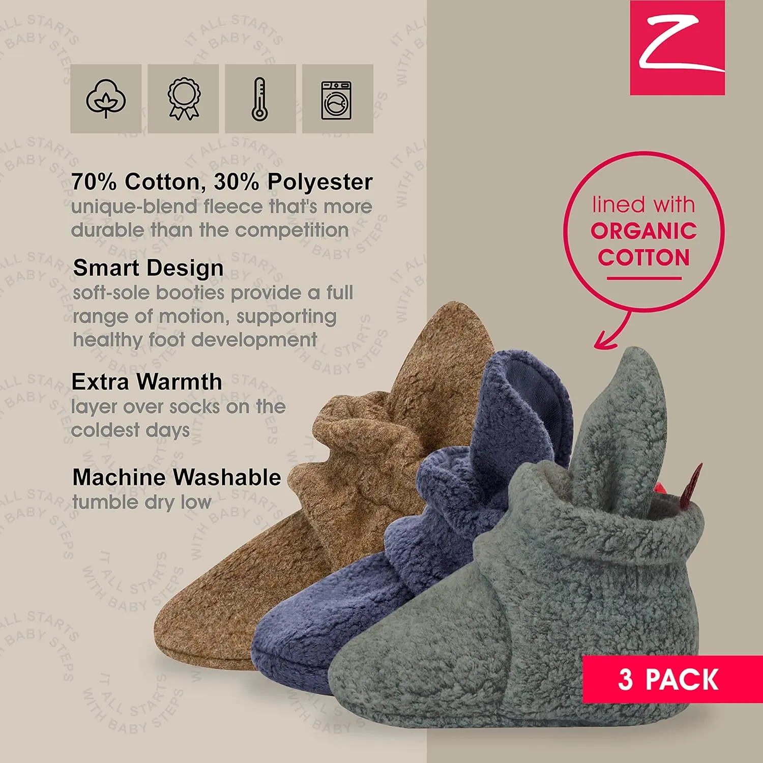 Zutano Unisex Fleece Baby Booties with Organic Cotton Lining, Newborn Essentials