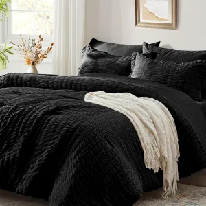 Zzlpp Black Queen Comforter Set 7 pieces, Seersucker Bed in a Bag with Comforter and Sheets, All Season Bedding Sets with 1 Comforter, 2 Pillow Shams, 2 Pillowcases, 1 Flat Sheet, 1 Fitted Sheet