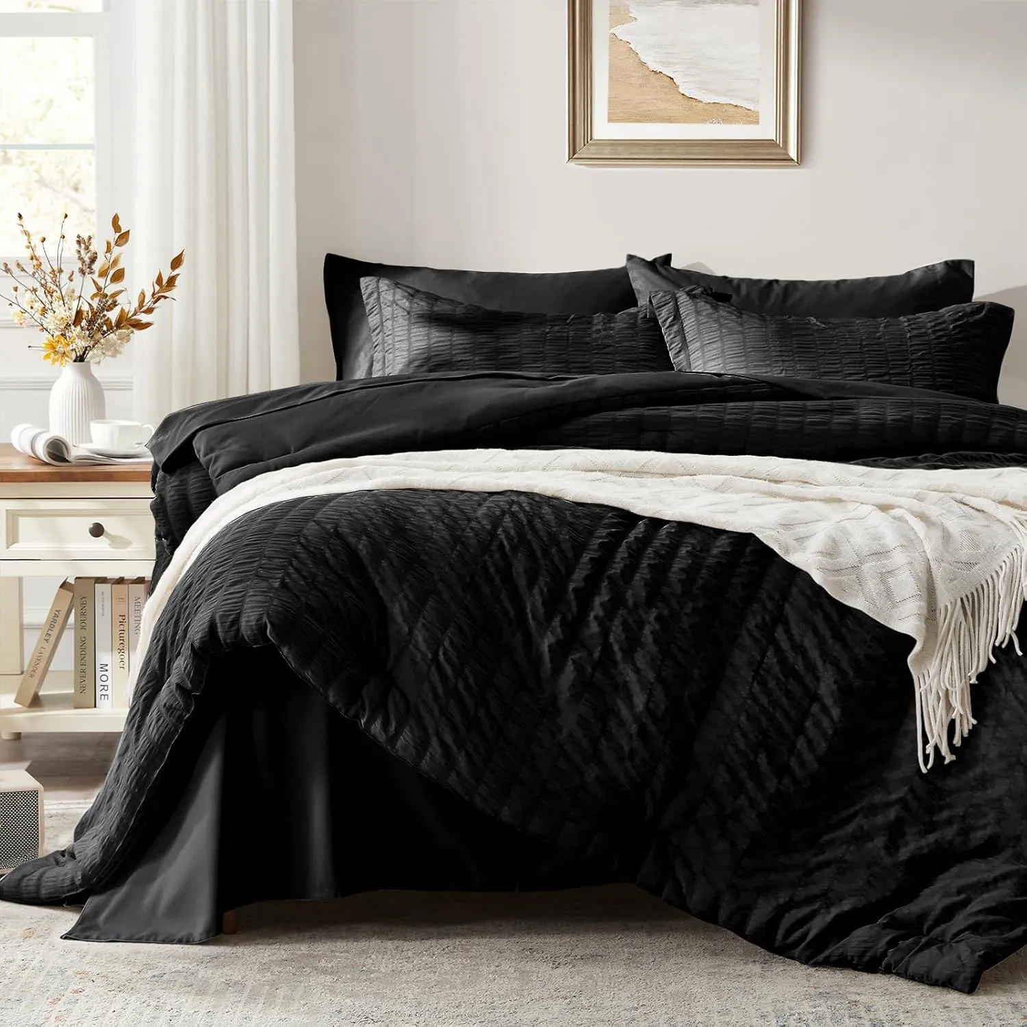 Zzlpp Black Queen Comforter Set 7 pieces, Seersucker Bed in a Bag with Comforter and Sheets, All Season Bedding Sets with 1 Comforter, 2 Pillow Shams, 2 Pillowcases, 1 Flat Sheet, 1 Fitted Sheet